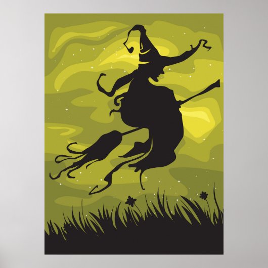 Spooky Halloween Witch Flying on Broomstick Poster (Voorkant)