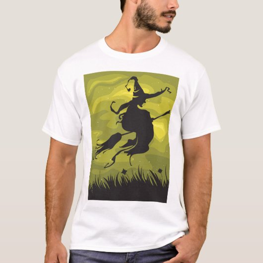 Spooky Halloween Witch Flying on Broomstick T-shirt (Voorkant)