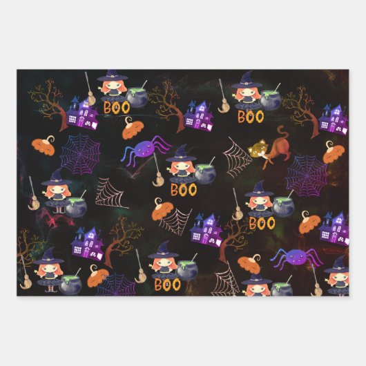 Spooky Halloween Witch Pattern Wrapping Inpakpapier Vel (Voorkant 3)