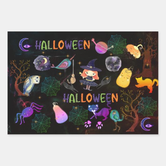 Spooky Halloween Witch Pattern Wrapping Inpakpapier Vel (Voorkant)