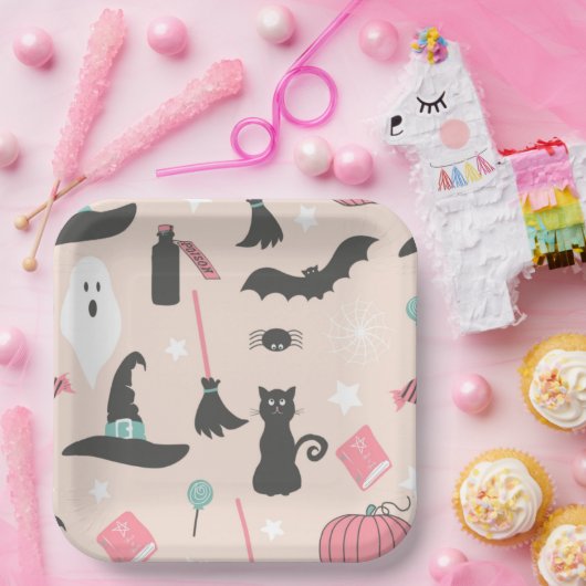 Spooky Halloween Witch Pet Black Cat Papieren Bordje (Feest)