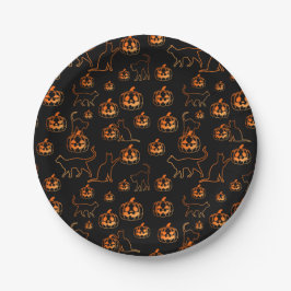 Spooky Halloween zwarte katten en pompoen patroon Papieren Bordje
