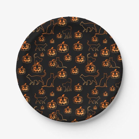 Spooky Halloween zwarte katten en pompoen patroon Papieren Bordje (Voorkant)