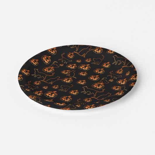 Spooky Halloween zwarte katten en pompoen patroon Papieren Bordje (Gekanteld)