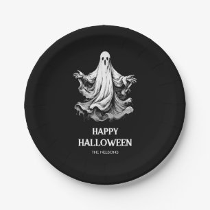 Spooky Happy Halloween met zwart-witte geest Papieren Bordje