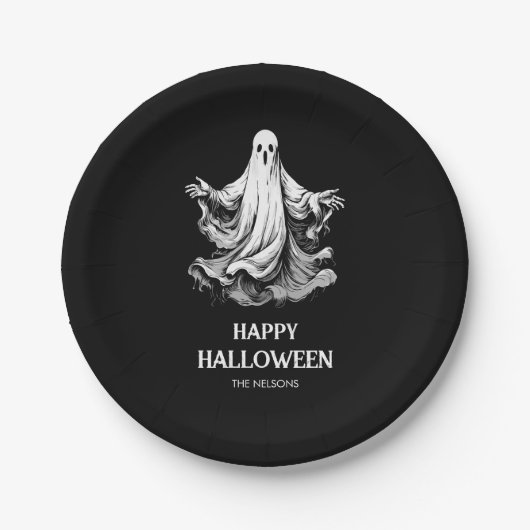Spooky Happy Halloween met zwart-witte geest Papieren Bordje (Voorkant)