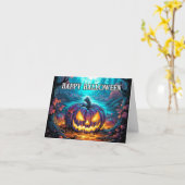 Spooky Happy Halloween Pumpkin Illustratie Kaart (Gele Bloem)
