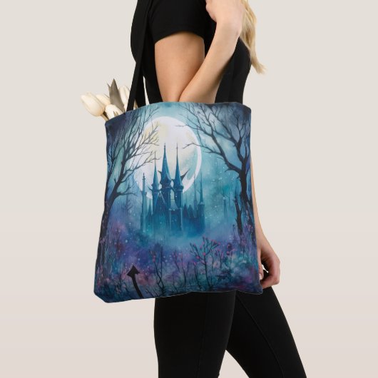 Spooky Haunted Castle Volle Maan Blauw Halloween Tote Bag (Dichtbij)