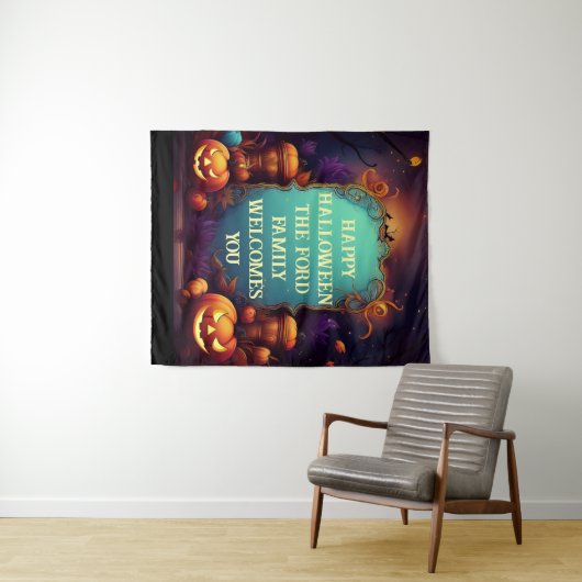 Spooky Haunted Halloween gepersonaliseerde groeten Wandkleed (In Situ (horizontaal))