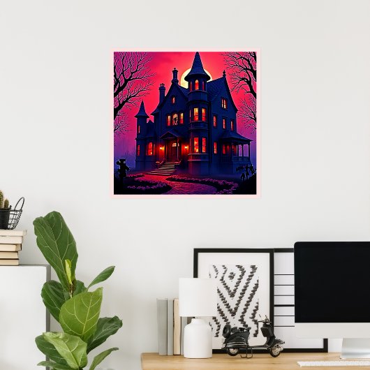Spooky Haunted House at Dusk Design Poster (Thuiskantoor)