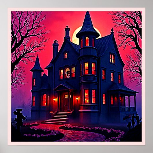 Spooky Haunted House at Dusk Design Poster (Voorkant)