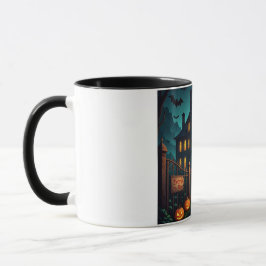 Spooky Haunted House & Bats Halloween Mug Mok