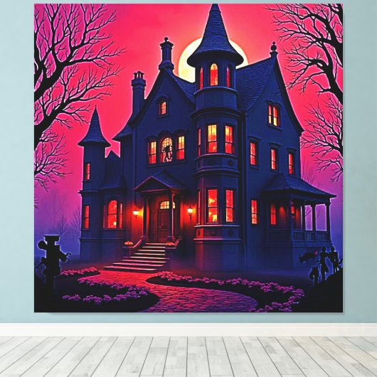 Spooky Haunted House bij Dusk Design Canvas Afdruk (Insitu (Houten vloer))