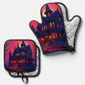 Spooky Haunted House bij Dusk Design Ovenwant & Pannenlap Set (Voorkant / Achterkant)