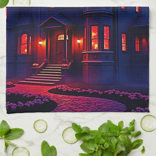 Spooky Haunted House bij Dusk Design Theedoek (Gevouwen)