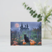 Spooky Haunted House Black Cat Pumpkins Feestdagenkaart (Staand voorkant)