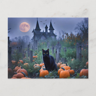 Spooky Haunted House Black Cat Pumpkins Feestdagenkaart