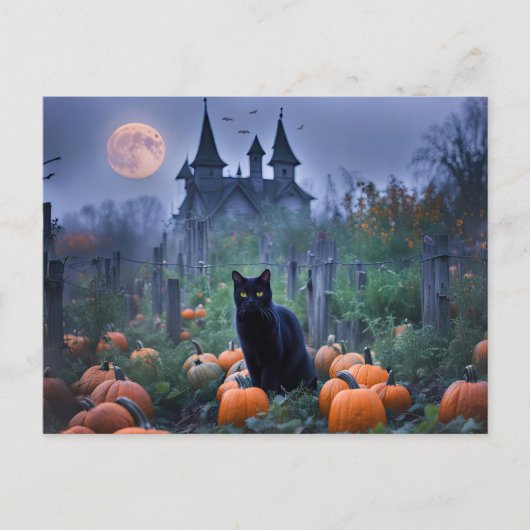 Spooky Haunted House Black Cat Pumpkins Feestdagenkaart (Voorkant)