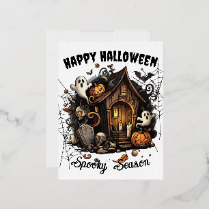 🎃 Spooky Haunted House Briefkaart - WIT 👻🕷️
