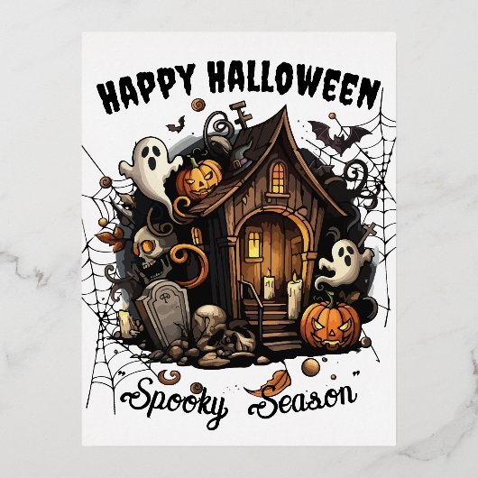🎃 Spooky Haunted House Briefkaart - WIT 👻🕷️ (Voorkant)