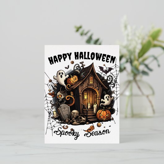 🎃 Spooky Haunted House Briefkaart - WIT 👻🕷️ (Staand Voorkant)