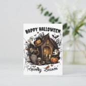 🎃 Spooky Haunted House Briefkaart - WIT 👻🕷️ (Staand voorkant)