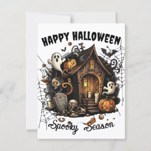 🎃 Spooky Haunted House Briefkaart - WIT 👻🕷️
