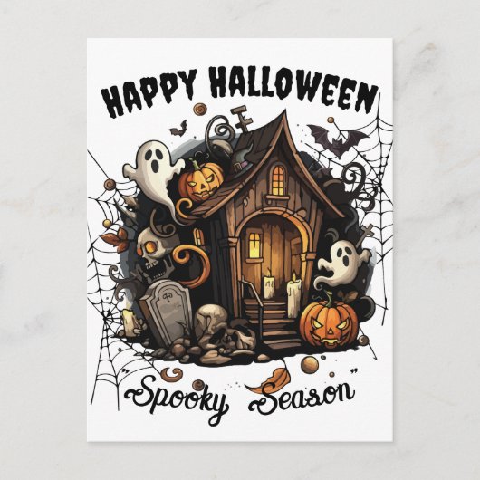 🎃 Spooky Haunted House Briefkaart - WIT 👻🕷️ (Voorkant)
