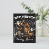 🎃 Spooky Haunted House Briefkaart - ZWART 👻🕷️ (Staand voorkant)