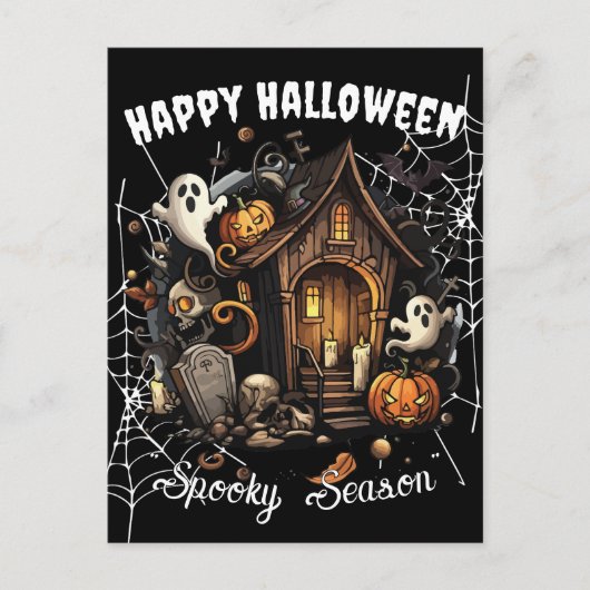 🎃 Spooky Haunted House Briefkaart - ZWART 👻🕷️ (Voorkant)