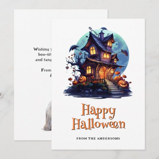 Spooky Haunted House Ghost Pumpkins Halloween Kaar Feestdagenkaart (Voorkant / Achterkant)