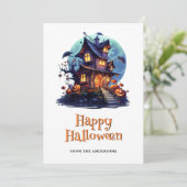 Spooky Haunted House Ghost Pumpkins Halloween Kaar Feestdagenkaart (Staand voorkant)