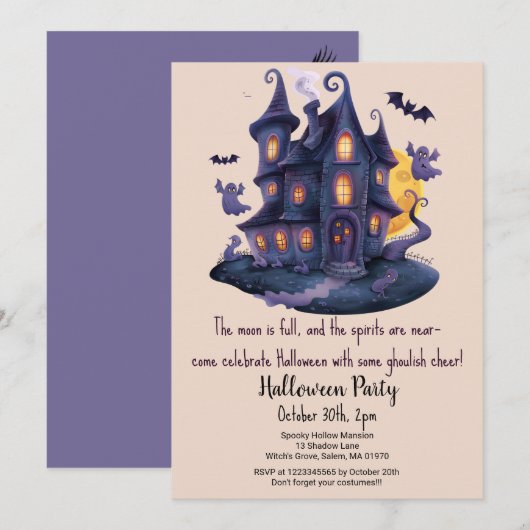 Spooky Haunted House Ghosts Bats Halloween Party Kaart (Voorkant / Achterkant)