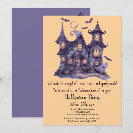Spooky Haunted House Ghosts Bats Halloween Party Kaart (Voorkant / Achterkant)