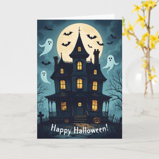 Spooky Haunted House Halloween Kaart (Gele Bloem)