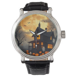 Spooky Haunted House Halloween Night Design Horloge