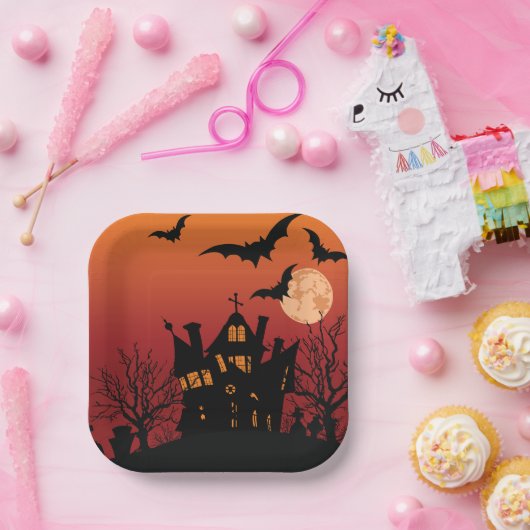 Spooky Haunted House Halloween Night Papieren Bordje (Feest)