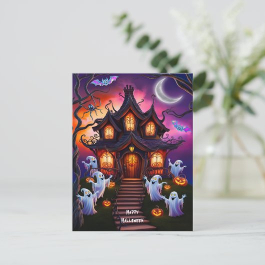 Spooky Haunted House Halloween Night Scene Briefkaart (Staand voorkant)