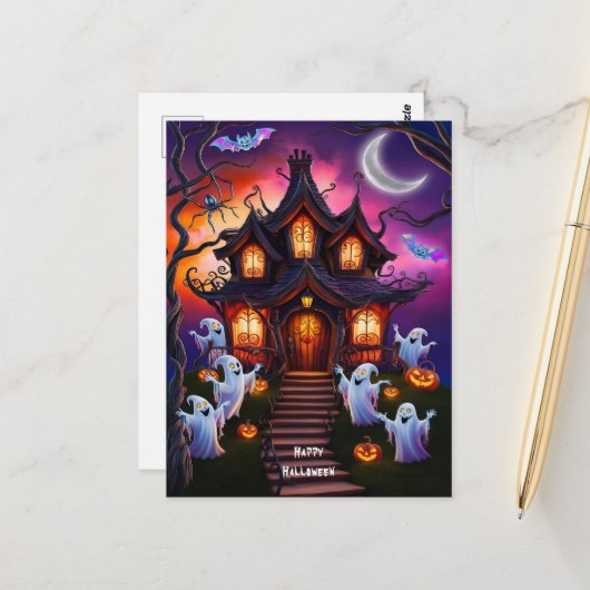Spooky Haunted House Halloween Night Scene Briefkaart (Voorkant / Achterkant in situ)