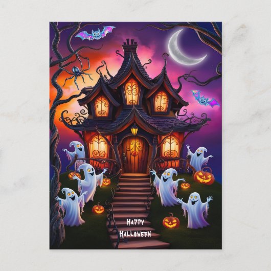 Spooky Haunted House Halloween Night Scene Briefkaart (Voorkant)