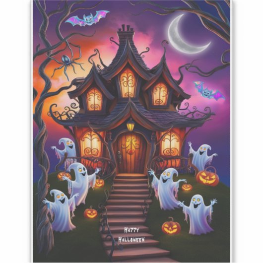 Spooky Haunted House Halloween Night Scene Sticker (Voorkant)