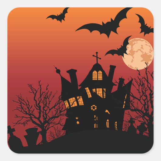Spooky Haunted House Halloween Night Vierkante Sticker (Voorkant)