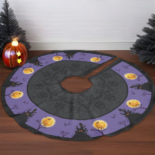 Spooky Haunted House Halloween Paarse maanverlicht Imitatie Linnen Kerstboom Kleed
