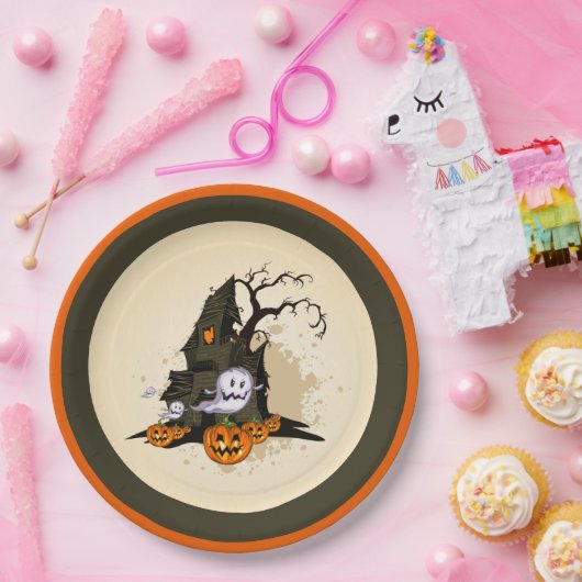 Spooky Haunted House Halloween Papieren Bordje (Feest)