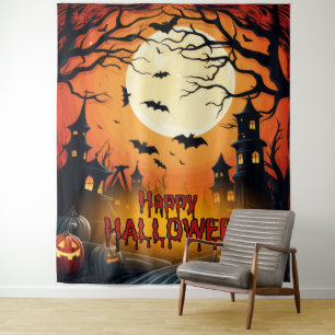 Spooky Haunted House Halloween Party Achtergrond Wandkleed