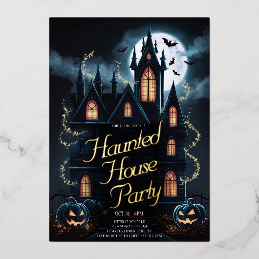 Spooky Haunted House Halloween Party Custom Folie Uitnodiging (Voorkant)