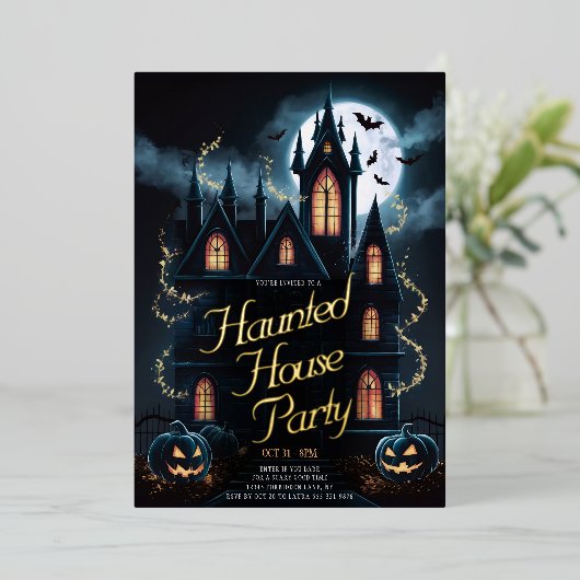 Spooky Haunted House Halloween Party Custom Folie Uitnodiging (Staand Voorkant)