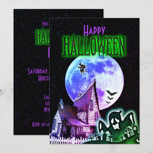 Spooky Haunted House Halloween Party Invitation Kaart (Voorkant / Achterkant)