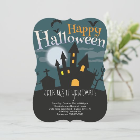 Spooky Haunted House Halloween Party Kaart (Staand voorkant)