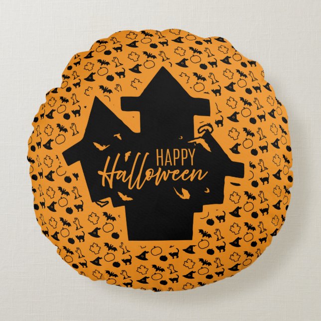 Spooky Haunted House Halloween Rond Kussen (Voorkant)